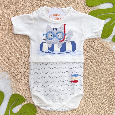 Kit 3 Peças - Bodys Manga Curta Gatinho com Peixinhos - Off White e Marinho